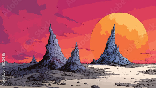 Alien Planet Spire Formations and Volcanic Sunset Vector