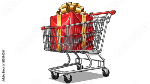 Shopping cart filled with a red gift box with a gold bow