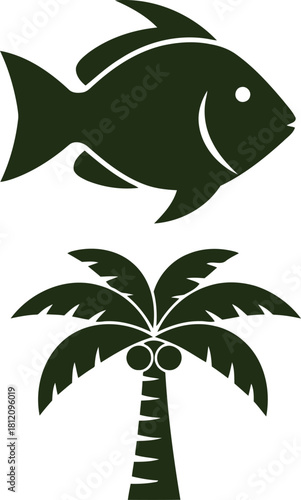 Tropical Paradise Silhouette Featuring a Fish and a Palm Tree Design Element for Graphic Projects and Summer Vacations Perfect Illustration for Branding and Marketing Materials