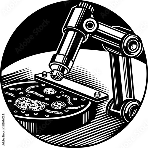 Microscope examining petri dish with microorganisms in black and white