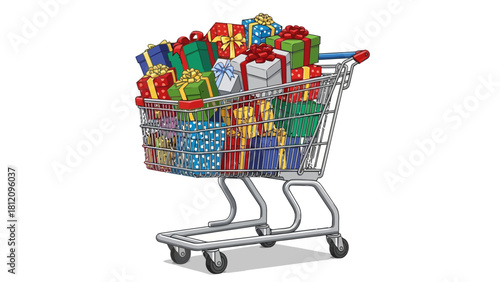 Shopping cart filled with Christmas presents