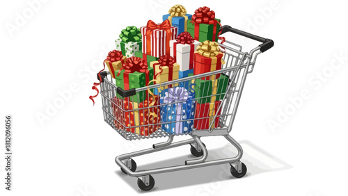 Shopping cart filled with Christmas presents