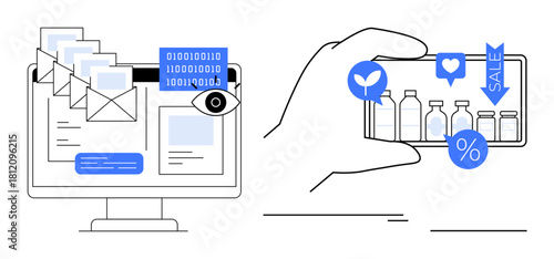 Desktop with email notifications, binary data, privacy focus with an eye, and a hand holding a phone showing product bottles, discounts, and engagement icons. Ideal for email marketing, data