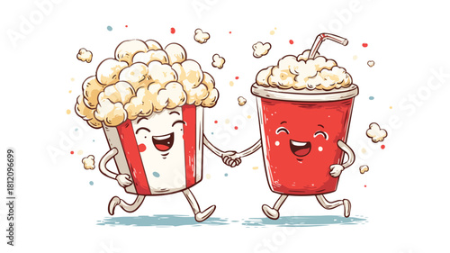 Cheerful Popcorn and Soda Characters Holding Hands Vector Illustration