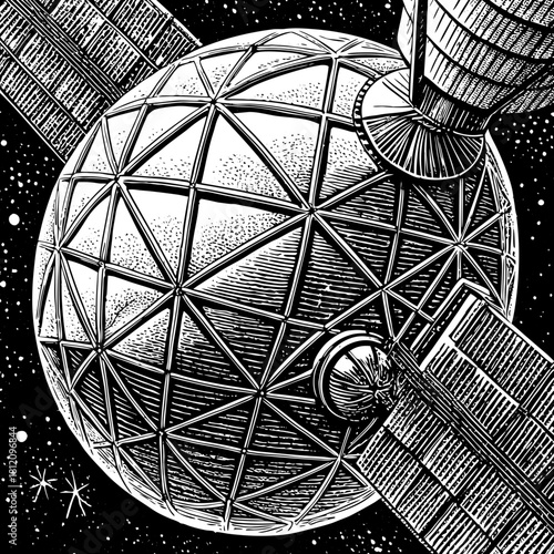 Retro futuristic satellite in orbit around a geodesic sphere