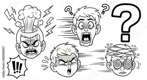Black and white cartoon illustration showcasing various expressions of frustration