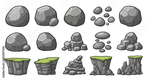 Cartoon rock and cliff set for game design, illustration and nature design