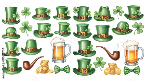 Collection of green leprechaun hats with shamrocks, gold coins, beer mugs, pipes, and bow ties for St. Patrick's Day celebration.
