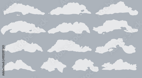 Collection of cloud shapes illustration on grey backdrop for atmospheric design