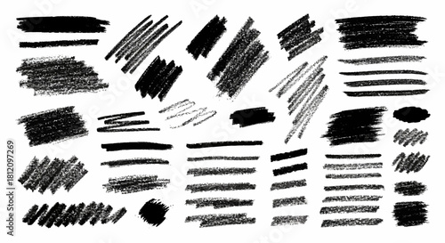 Collection of black charcoal brush strokes, design elements for creative projects