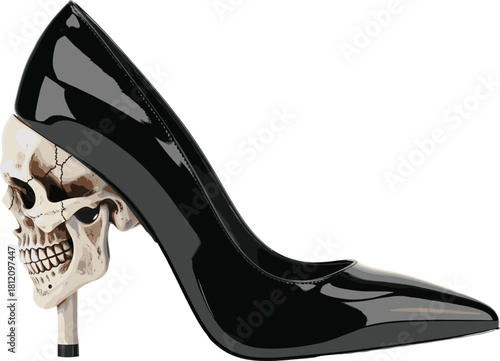 Glossy black high heel shoe with creepy skull heel vector illustration isolated.