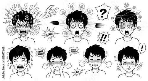 Collection of manga style illustrations expressing various emotions and reactions