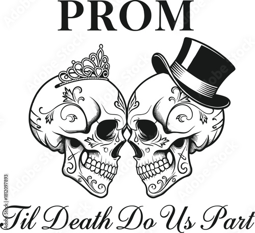 Gothic prom king and queen skulls til death do us part illustration.