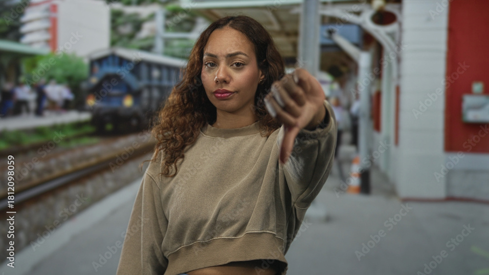 Fototapeta premium Woman smiling and giving thumbs up and thumbs down while standing on train station platform beside a freight railcar; approval optimism.