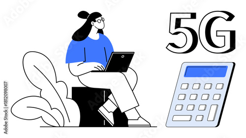 Woman sitting with laptop, calculator, and 5G text nearby, blending technology, communication, and productivity. Ideal for business, remote work, connectivity education innovation finance