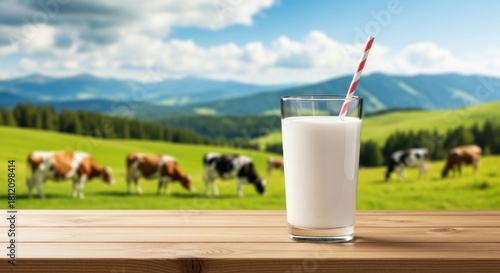 A glass of milk with a straw on a wooden table with a scenic background of cows and mountains.