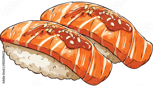 Cute Cartoon Salmon Sushi in Shoyu Sauce - Delicious Japanese Cuisine Illustration