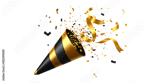 A black and gold party popper explodes with confetti and ribbons against a white background, celebrating a special occasion.