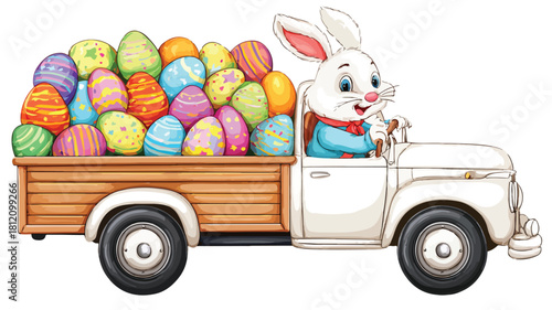 Easter Bunny Truck with Colorful Eggs Vector Illustration