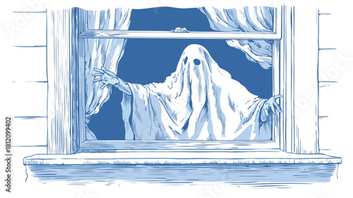 Mysterious Ghostly Figure Peeking from Haunted Window Vector Illustration