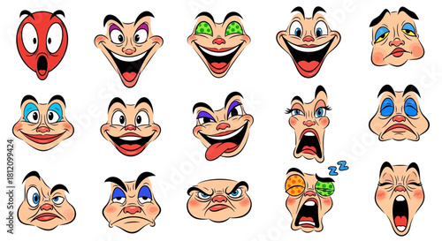 Diverse set of expressive cartoon faces showcasing a wide range of emotions