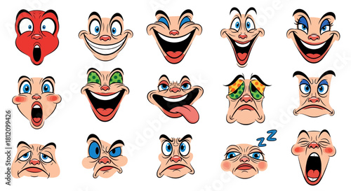 Diverse range of cartoon facial expressions showcasing various emotions and moods