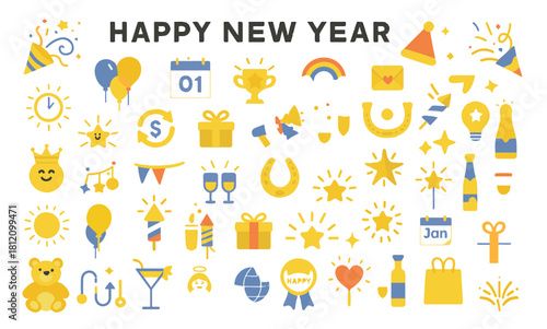 Happy New Year and Japanese New Year Elements Vector Set: Festive Celebration Icons Collection with Daruma and Zodiac