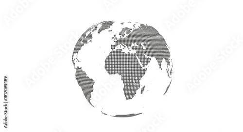 Dotted world globe illustration featuring continents on a plain white background