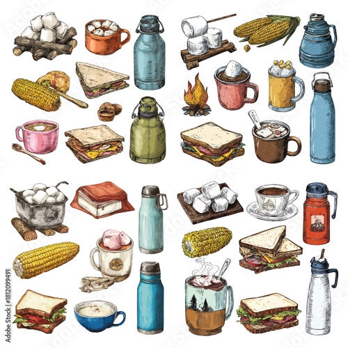 Set hand-drawn set of camping food items, roasted marshmallows, grilled corn, hot cocoa, sandwiches, thermos bottles Illustration