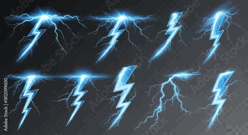 Dynamic collection of realistic blue lightning bolt effects on transparent backdrop