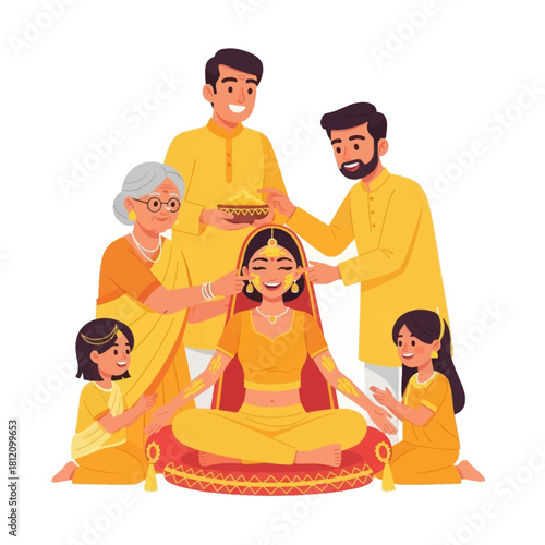 A joyful Indian family celebrating the Haldi ceremony for a bride