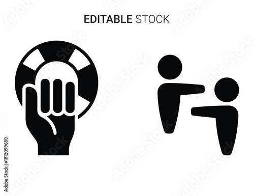 Vector icons for support and assistance: hand holding lifebuoy and people interaction.