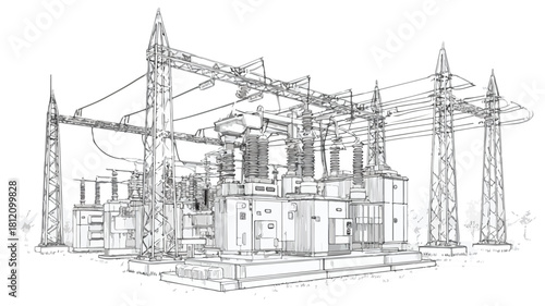 Modern Electrical Substation Vector Outline Isolated on White Background