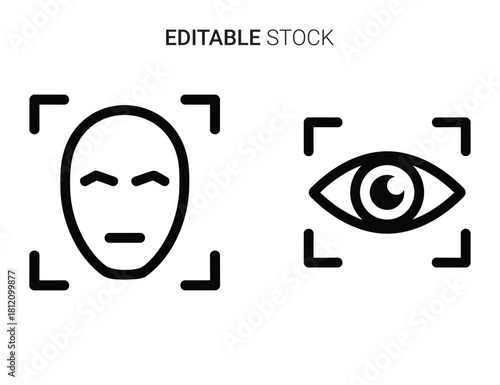 Biometric security icons: face and eye recognition scan for access and identification technology.