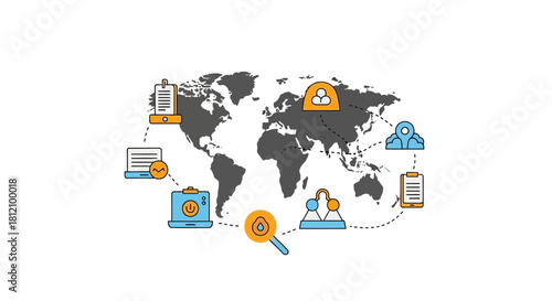 Global Network and Communication Concept with World Map and Icons Connected