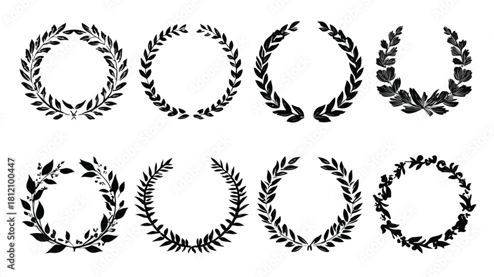 Obraz premium Elegant Laurel Wreath Icon Set in Black Silhouette Isolated