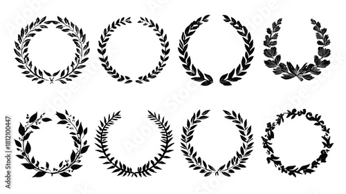 Elegant Laurel Wreath Icon Set in Black Silhouette Isolated
