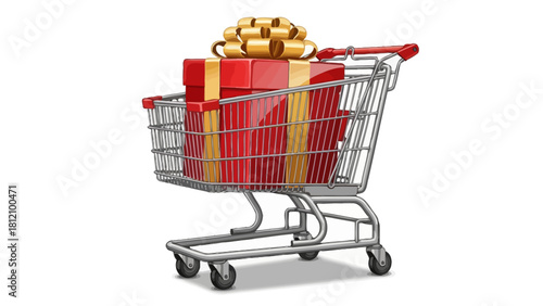 Shopping cart filled with red gift boxes and a gold bow