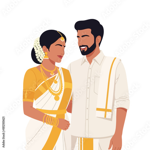 Vector illustration of a South Indian couple in traditional wedding attire