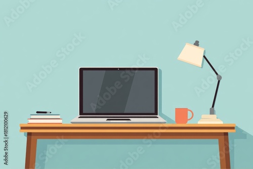 Flat workspace illustration with laptop — freelance desk setup, productivity and remote work concept.