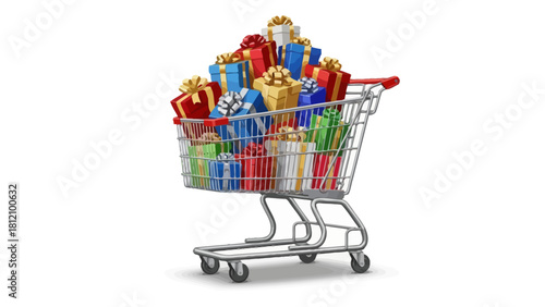 Shopping cart overflowing with colorful gift boxes