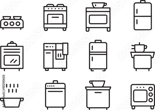 Collection of kitchen appliance line art icons stove