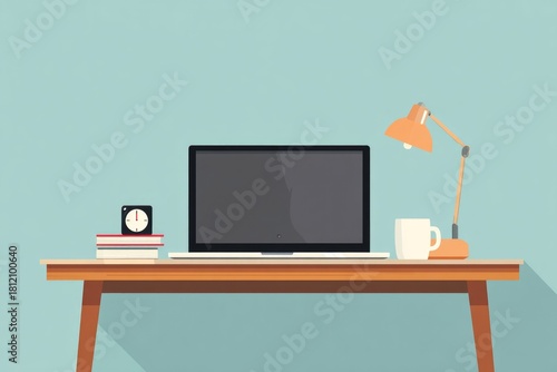 Flat workspace illustration with laptop — freelance desk setup, productivity and remote work concept.