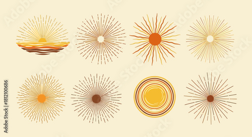 Retro sunset and sunburst vector collection, set of abstract elements with sun rays