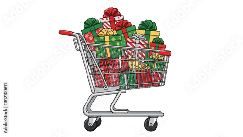 Shopping cart overflowing with colorful gift boxes