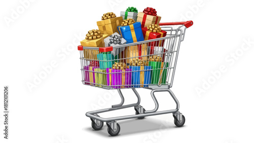 Shopping cart overflowing with colorful giftwrapped boxes