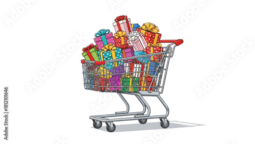 Shopping cart overflowing with colorful wrapped gift boxes