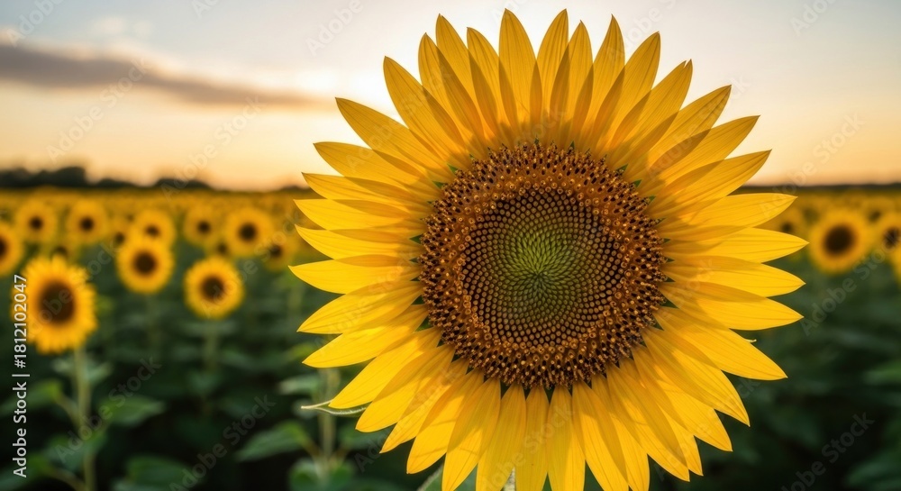 Fototapeta premium A vibrant sunflower in a field of sunflowers at sunset.