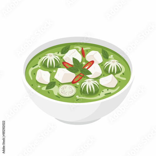 Illustration of Green Curry with Tofu and Vegetables in White Bowl