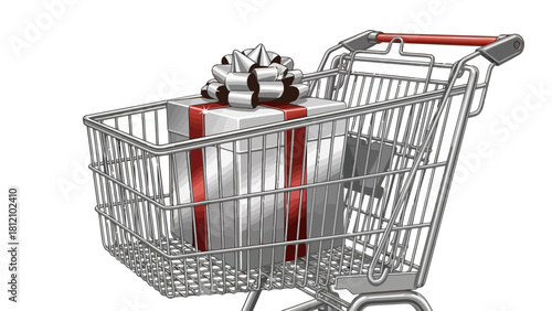 Shopping cart with a gift box and bow